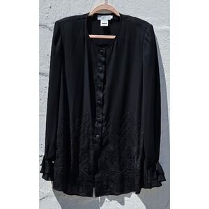 Vintage Blouse Large Black Sheer Button Up Embroidered Goth Ruffle Witchy Top